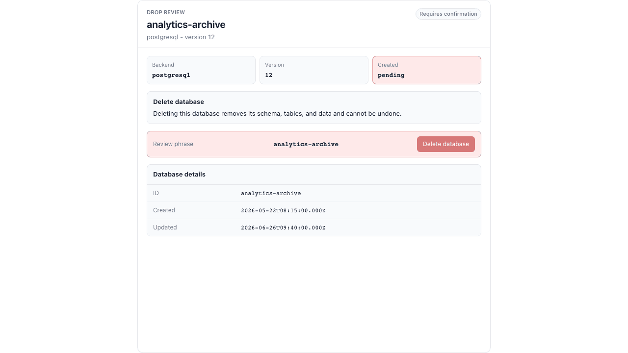 Tabula drop review showing impact metadata and destructive controls